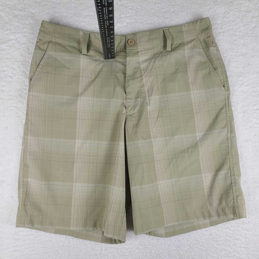 Under Armour Shorts Mens 34 Beige Plaid 9" Loose Heatgear Performance‎ Tech